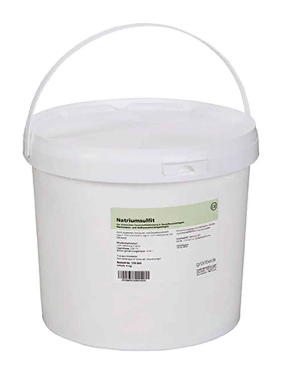 Weißer Eimer mit Deckel und Henkel, beschriftet mit Produktinformationen von Grünbeck. Inhalt ist ein chemisches Produkt zur Wasserbehandlung.